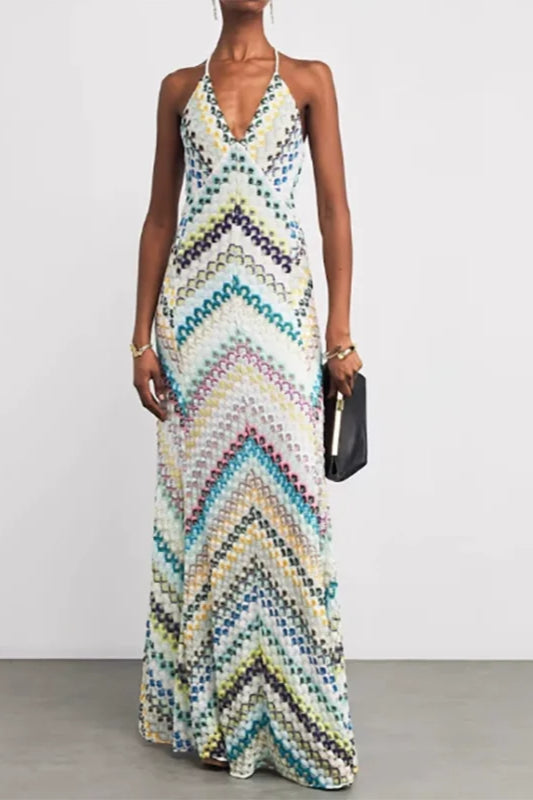 Contrast Color V Neck Boho Dress Green / S