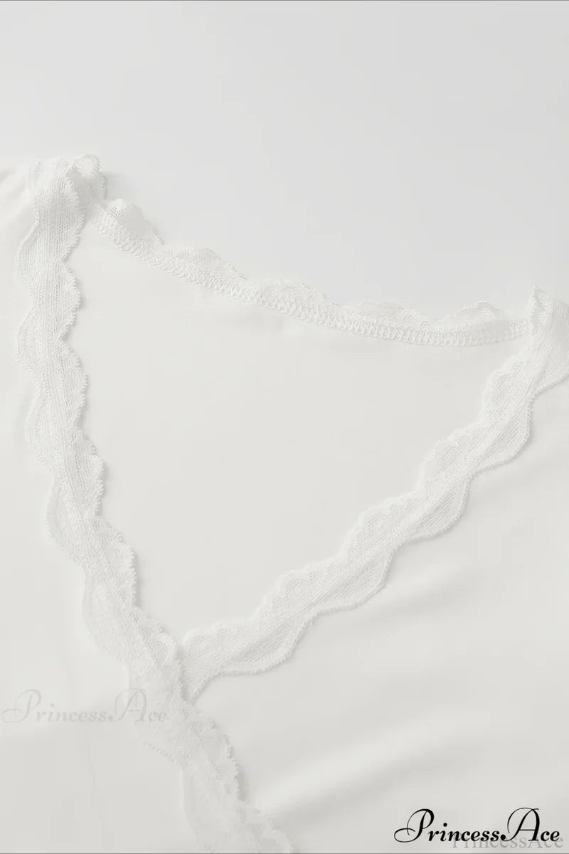 Lace Paneled V-Neck Tie-Waist Long-Sleeve Slim Knit Top