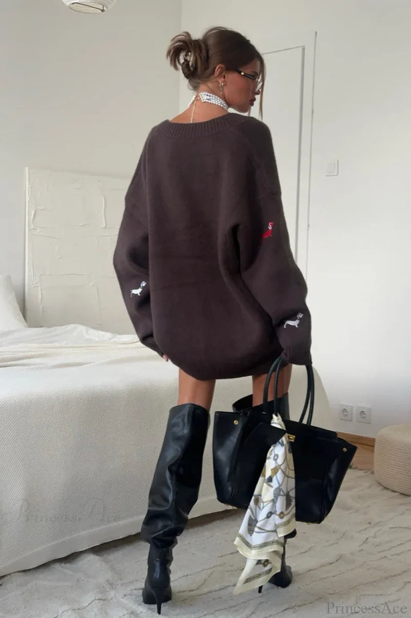 Loose Dachshund Embroidery Knit Button Cardigan