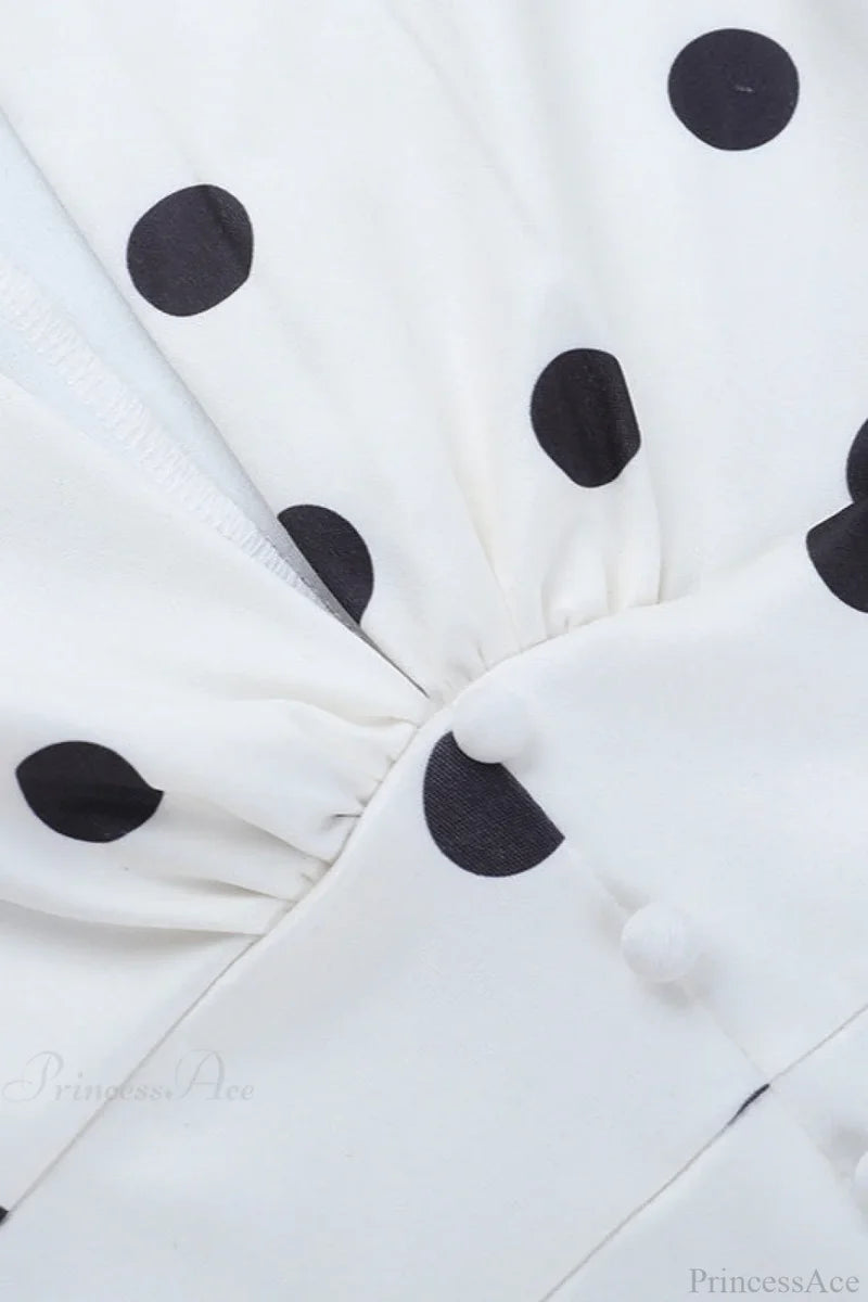 Sexy V Neck Polka Dot Lantern Sleeve Waist Cinching Fitted Mini Dress