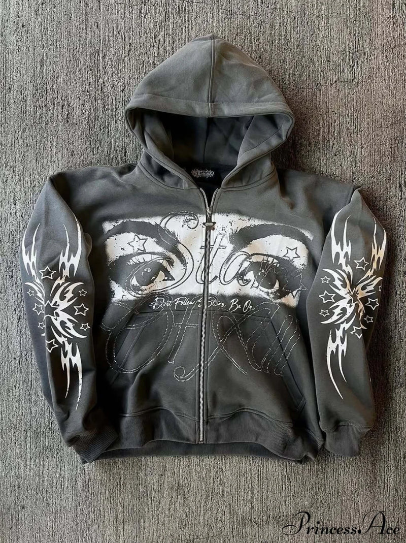 3D Print Vintage Long Sleeve Zip Hoodie