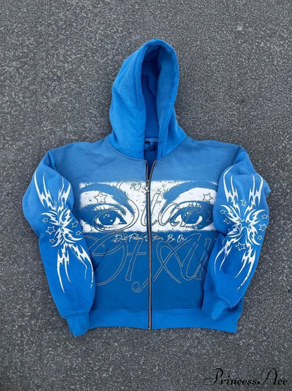 3D Print Vintage Long Sleeve Zip Hoodie Blue / XS