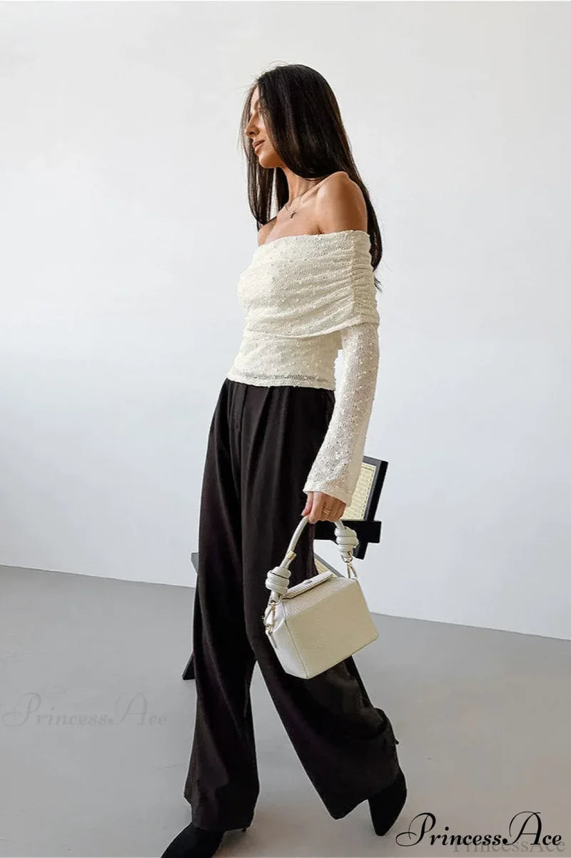Apricot Off Shoulder Lace Knit Long Sleeve Tee