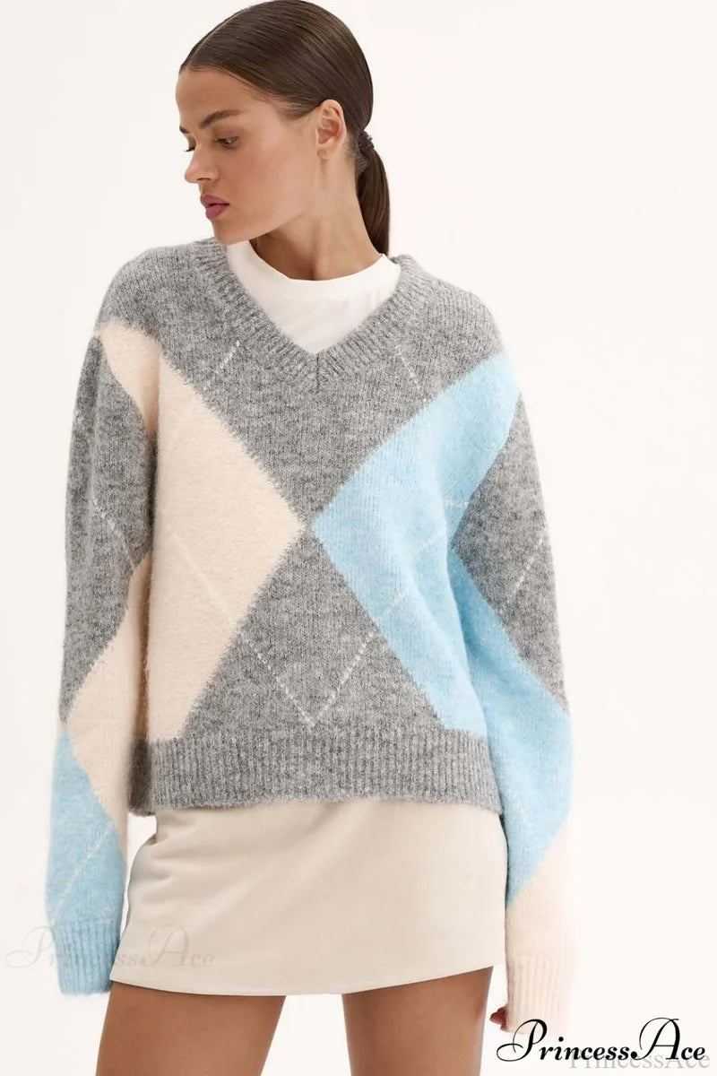 Argyle Pattern Crew Neck Pullover Long Sleeve Warm Sweater Grey / S