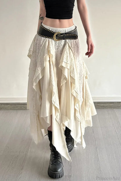 Asymmetrical Lace Bodycon Maxi Skirt White / S