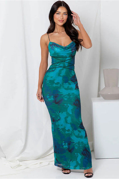 Backless Lace Up Slim Spaghetti Strap Floral Dress