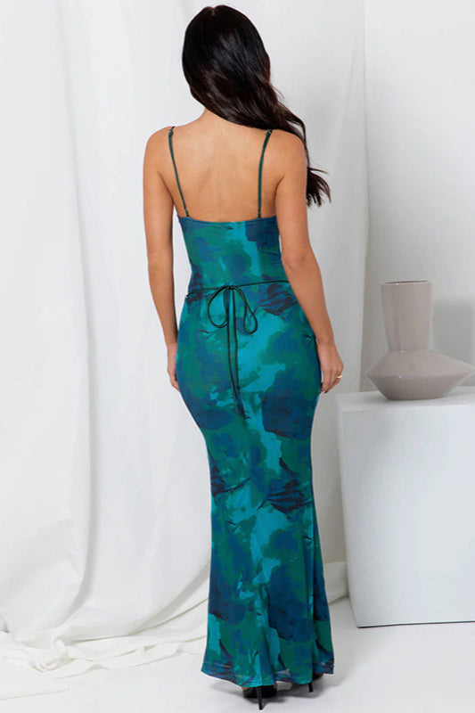 Backless Lace Up Slim Spaghetti Strap Floral Dress