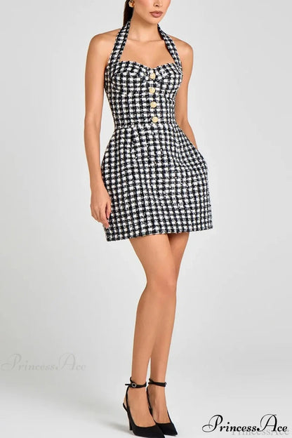 Black White Plaid Tweed Halter Party Dress
