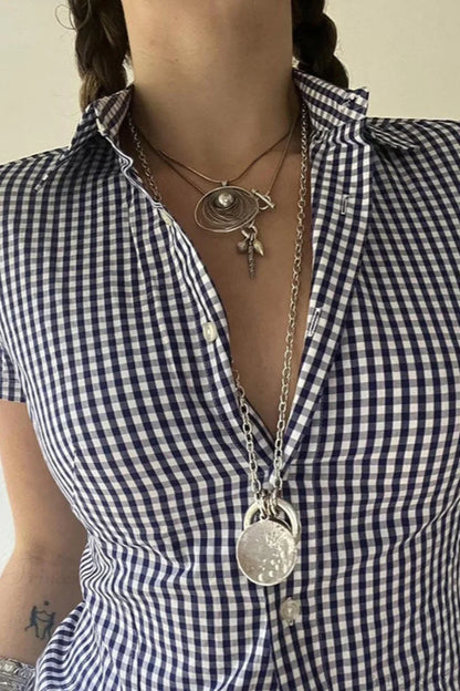 Blue Plaid Fitted Polo Collar Short Sleeve Blouse