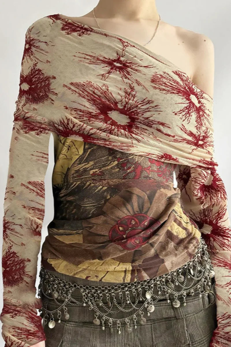 Botanical Print Retro Mesh Panel Boat Neck Long Sleeve Tee