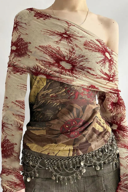 Botanical Print Retro Mesh Panel Boat Neck Long Sleeve Tee