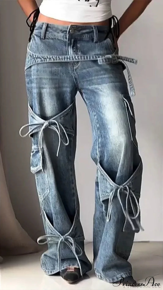 Bow Tie Strap Wide Leg Jeans Blue / XS
