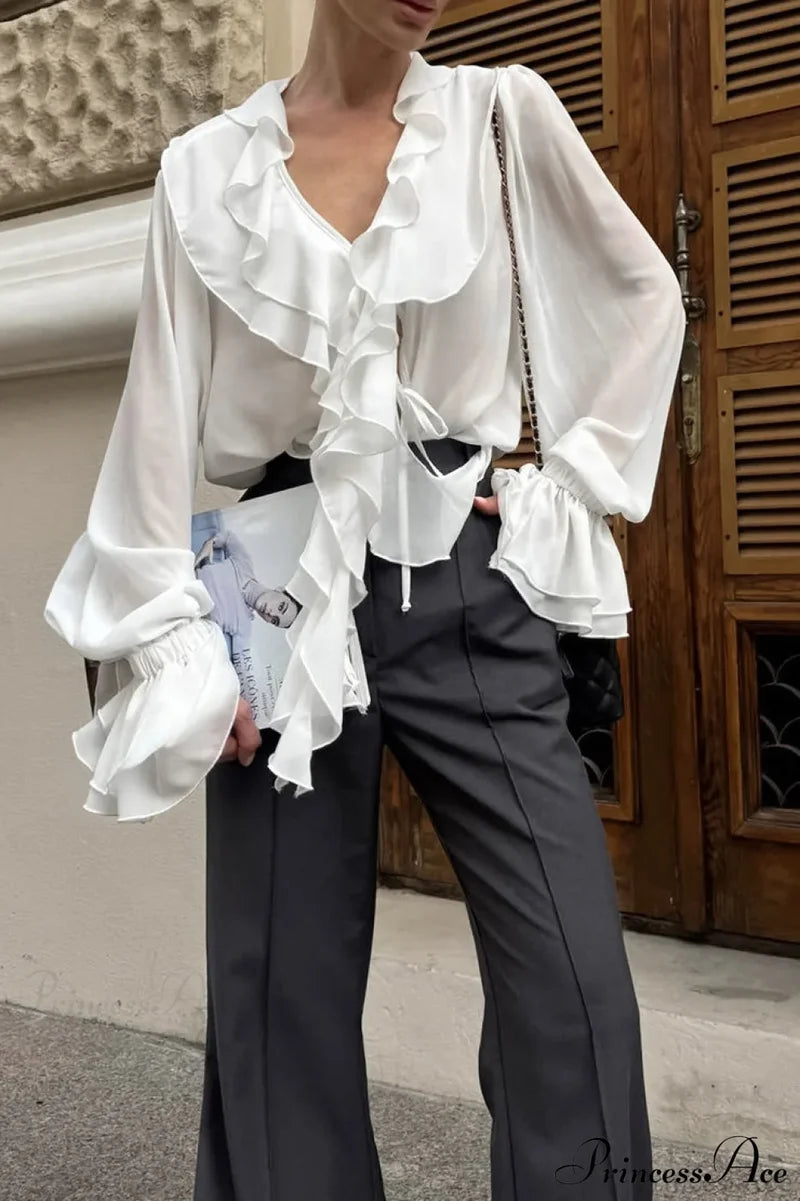 Burgundy Chiffon Ruffled V Neck Tie Blouse White / S