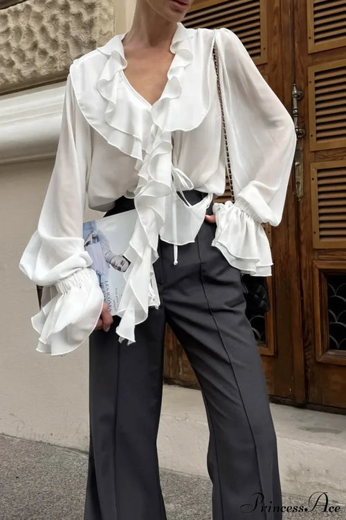 Burgundy Chiffon Ruffled V Neck Tie Blouse White / S