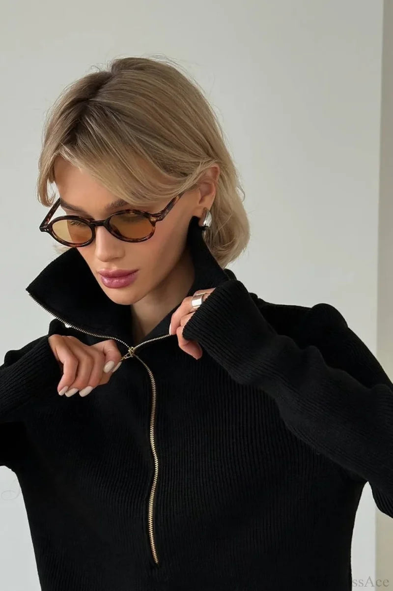 Casual Half-Zip Fitted Knit Long Sleeve Blouse