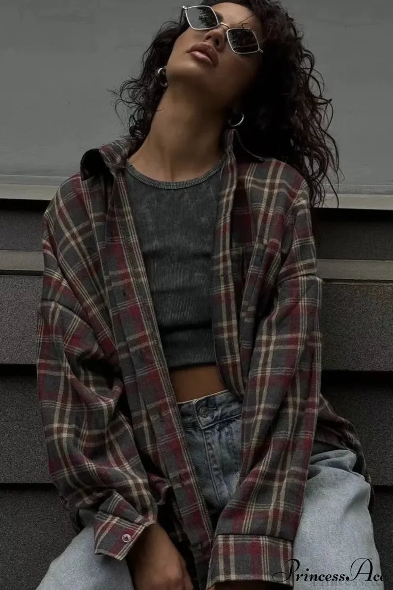 Casual Plaid Lapel Shirt Blouse Reddish / S
