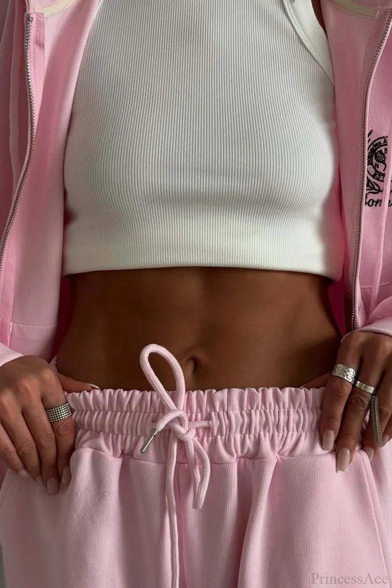 Casual Zip Hooded Embroidered Sweatpants Two Piece Set