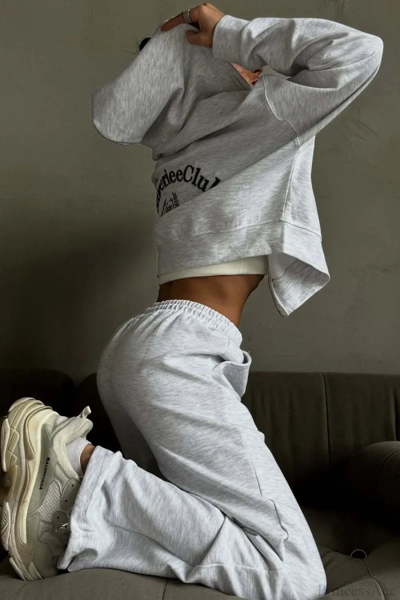 Casual Zip Hooded Embroidered Sweatpants Two Piece Set Light gray / S