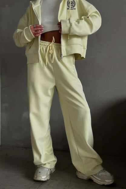 Casual Zip Hooded Embroidered Sweatpants Two Piece Set Yellow / S