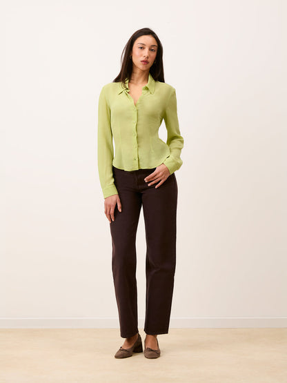 PALMYRA pistachio green crinkle mousseline shirt, side view by Rouje