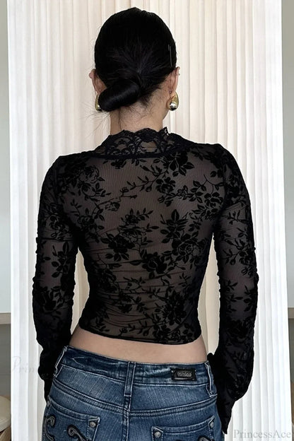 Chic Leopard Print Mesh Lace Trim Blouse