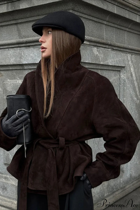 Chic Suede Long Sleeve Jacket Coat Brown / S