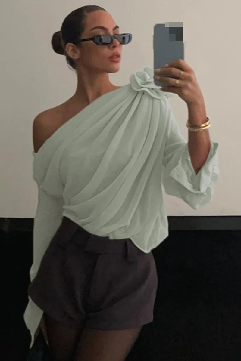 Chiffon Floral Off-the-Shoulder Fitted Blouse Green / S