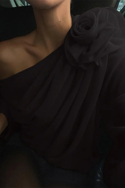 Chiffon Floral Off-the-Shoulder Fitted Blouse