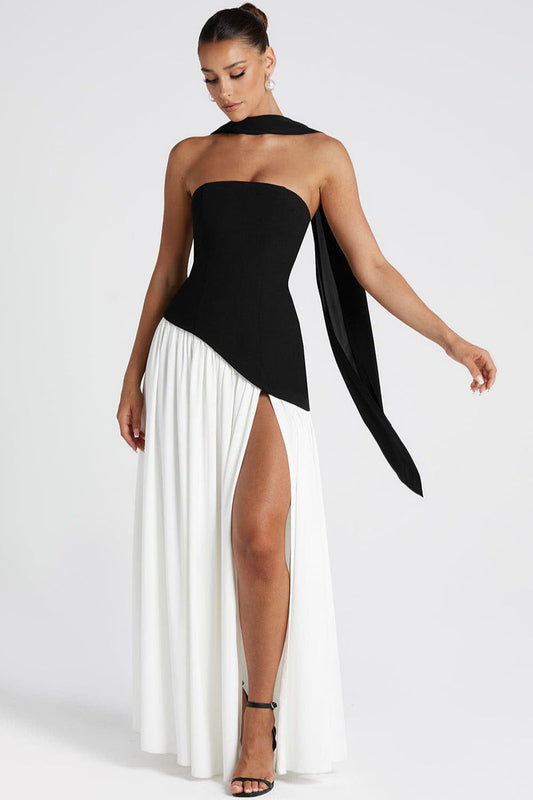 Color Block Flowy Tie Bustier Formal Dress XS / Black