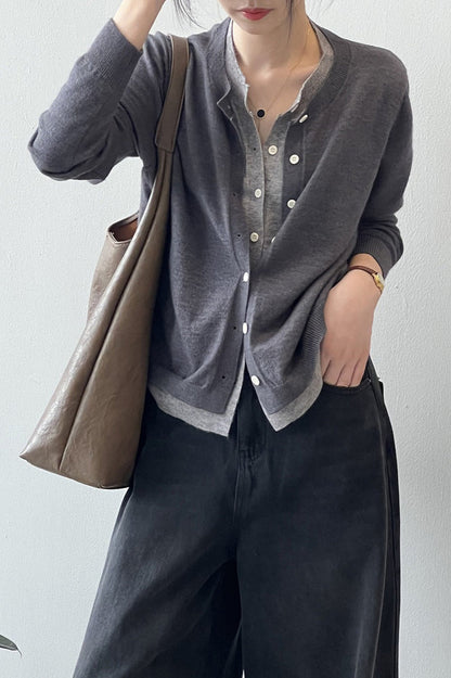 Color Block Layered Cardigan Grey / One Size
