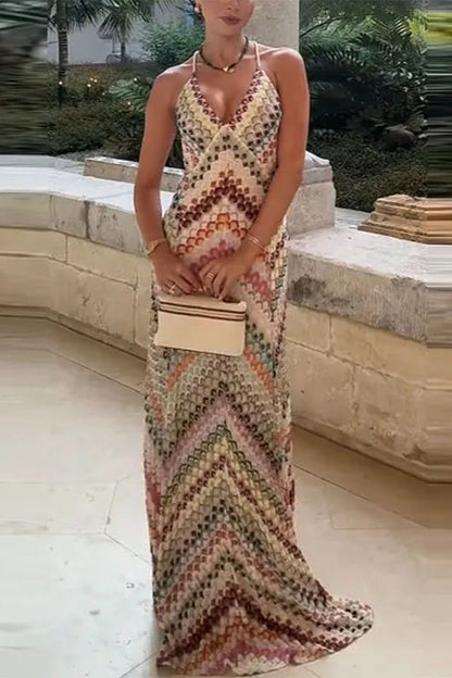 Contrast Color V Neck Boho Dress