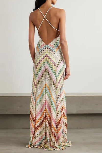 Contrast Color V Neck Boho Dress