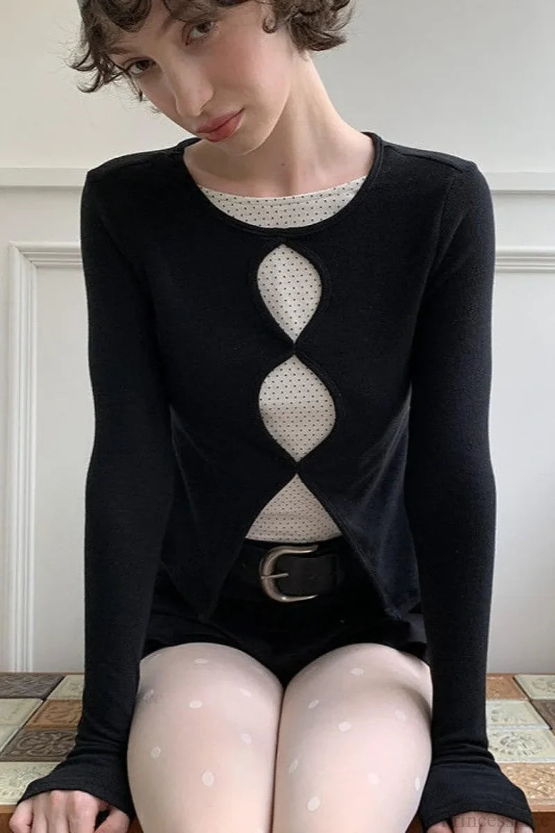 Cotton Cropped Faux Two-Piece Slim Long Sleeve Tee Black / S