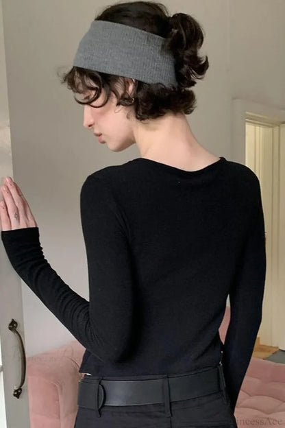 Cotton Cropped Faux Two-Piece Slim Long Sleeve Tee