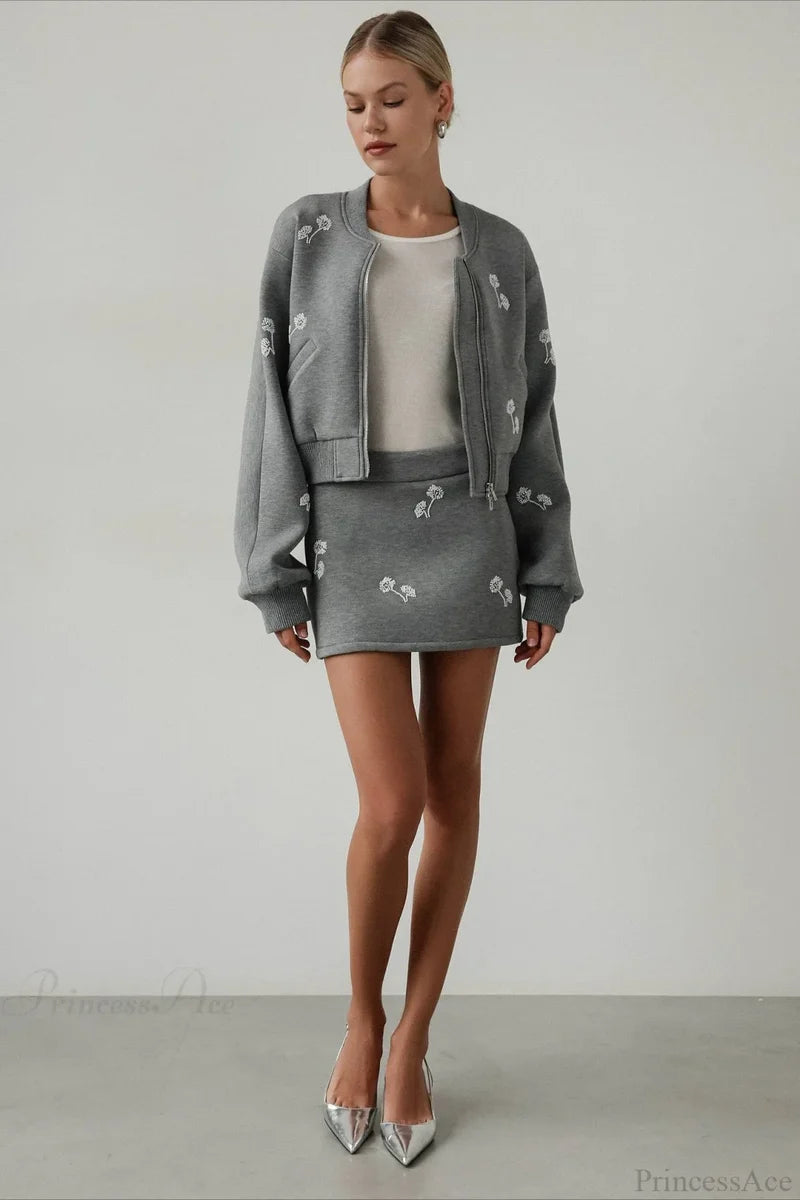 Dandelion Print Sweatshirt Loose Two Piece Set Grey / S