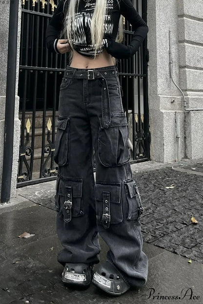 Denim Multi-Pocket Street Loose Cargo Pants Black / XS