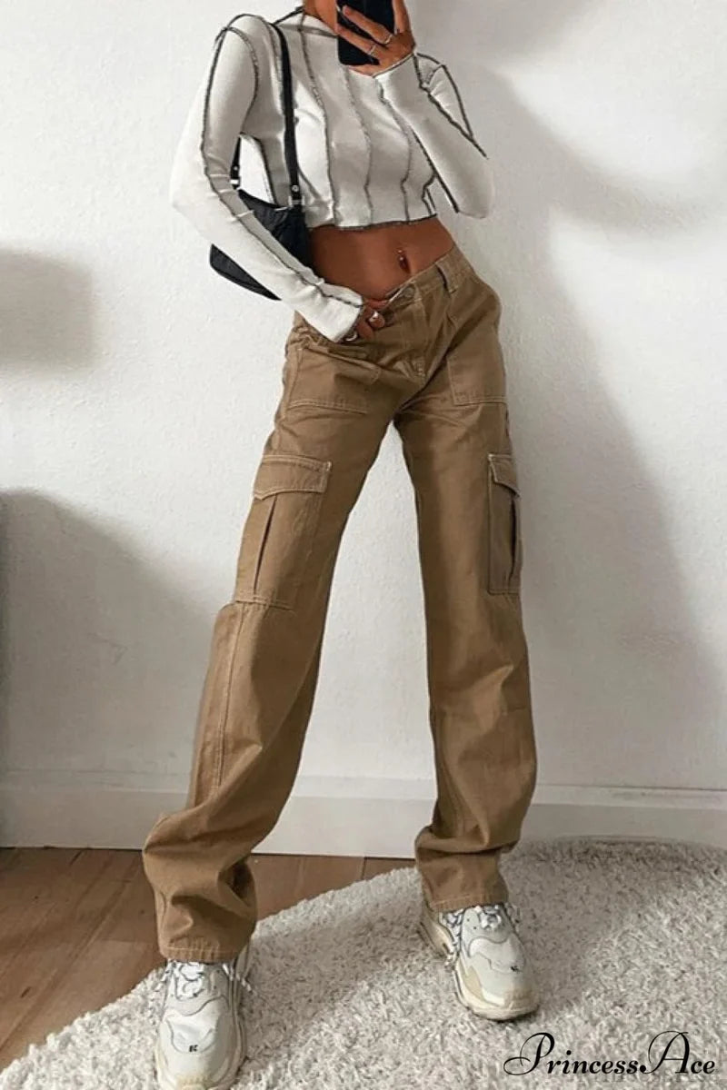 Denim Street Multi-Pocket High Waist Cargo Pants Brown / S