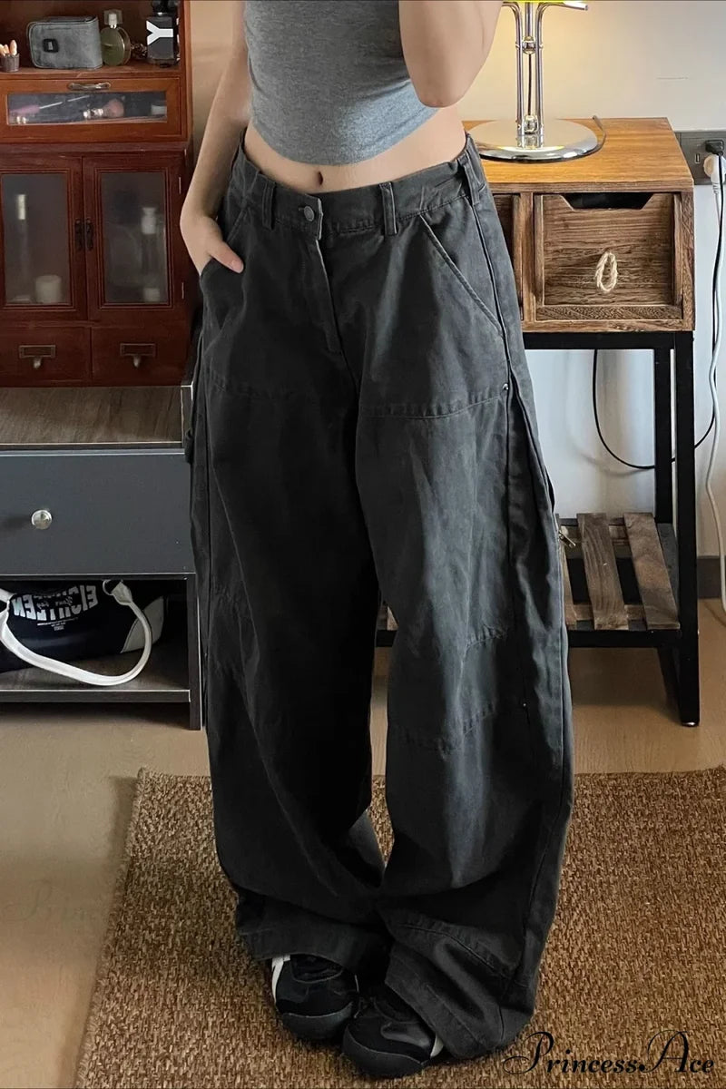 Denim Washed Distressed Loose Cargo Pants Grey / S
