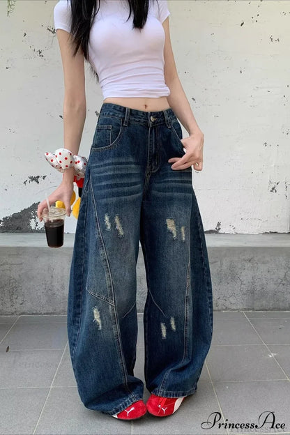 Distressed Curved Loose Wide Leg Casual Utility Jeans Dark blue / S