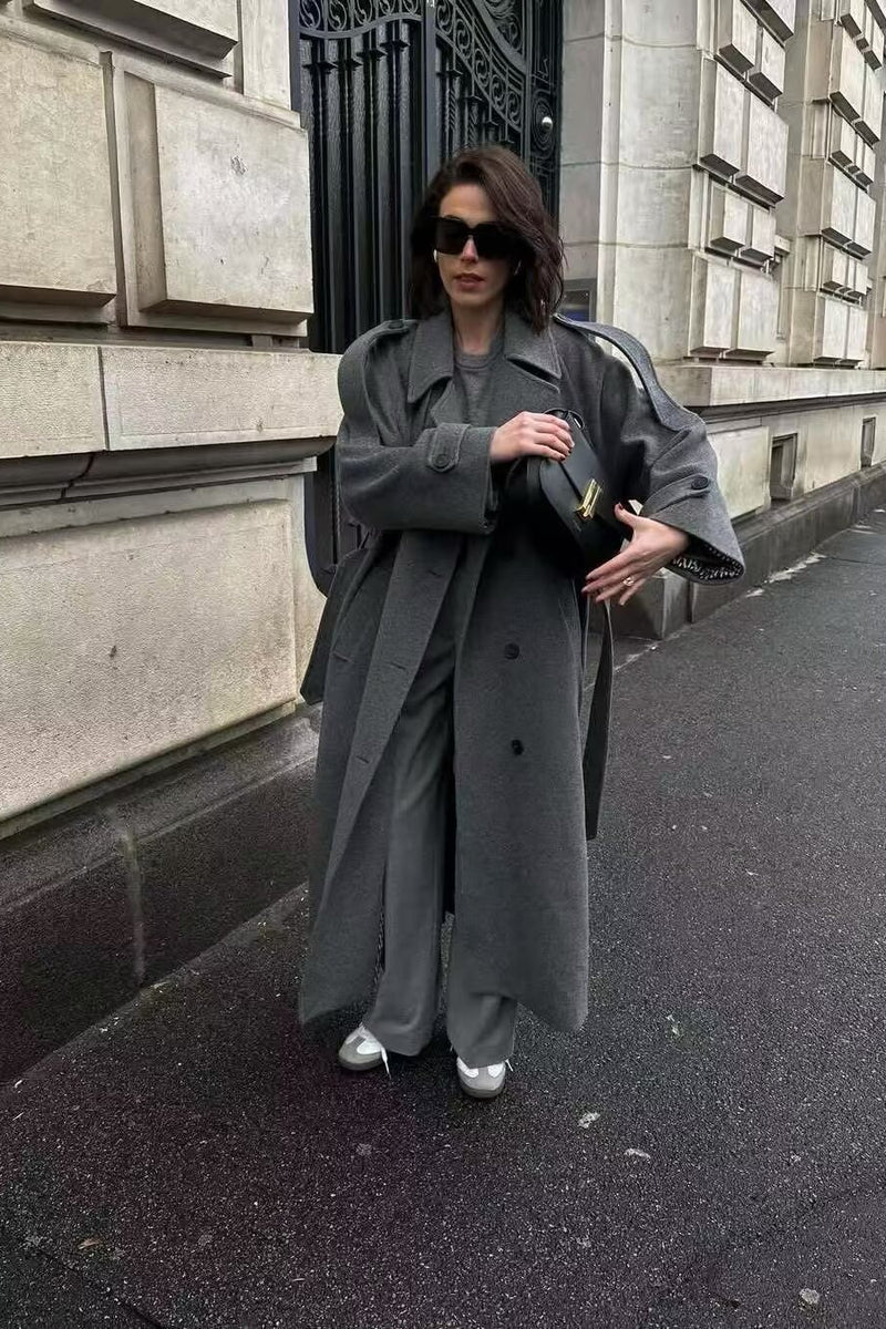 Double-Breasted Belted Slim-Fit Woolen Long Overcoat