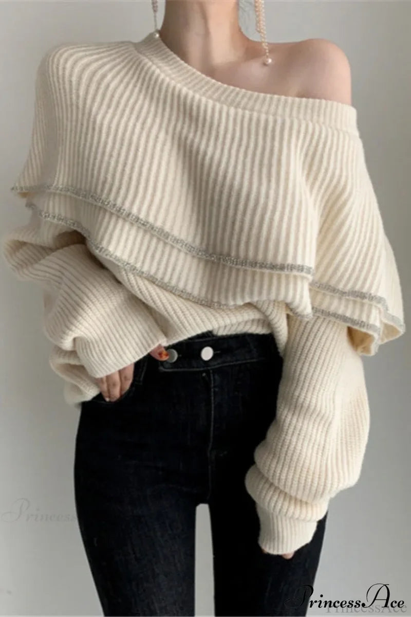 Double Ruffled Off-Shoulder French Vintage Knit Top Beige / One Size