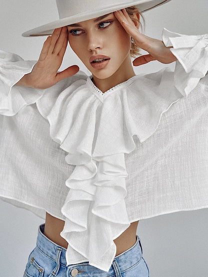 Drop Shoulder Ruffled Cotton Blouse