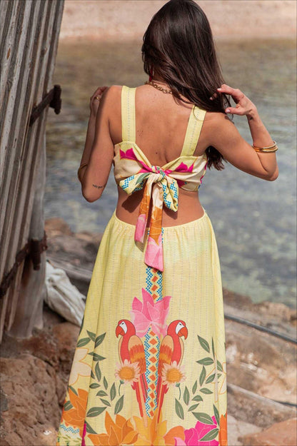 Elegant Floral Print Cutout Tie Maxi Dress