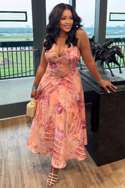 Elegant Floral Print Halter High Waist Floral Dress