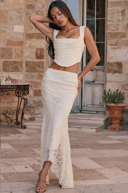 Elegant Lace Up Crop Top & Maxi Skirt Boho Dress