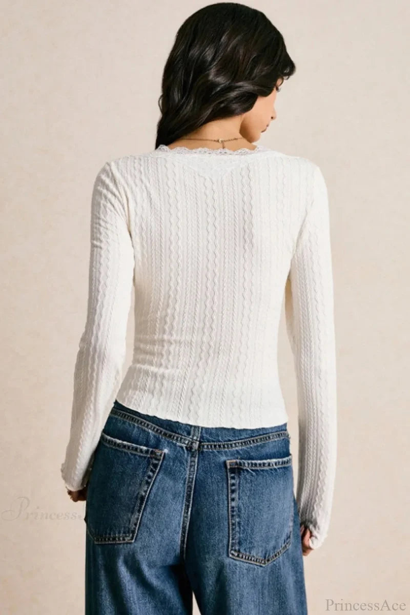 Elegant Lace V-Neck Slim Fitted Long Sleeve Tee