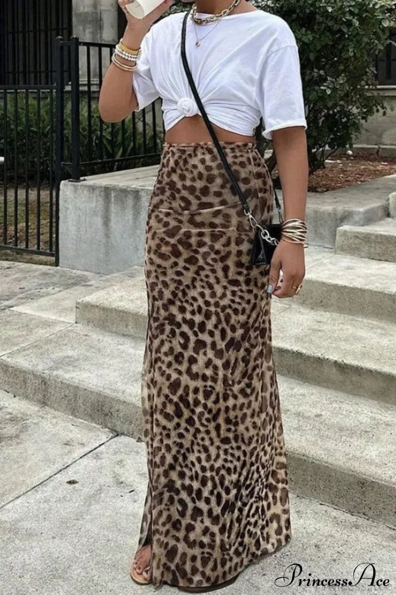 Elegant Leopard Print Slim A-Line Skirt Brown / S