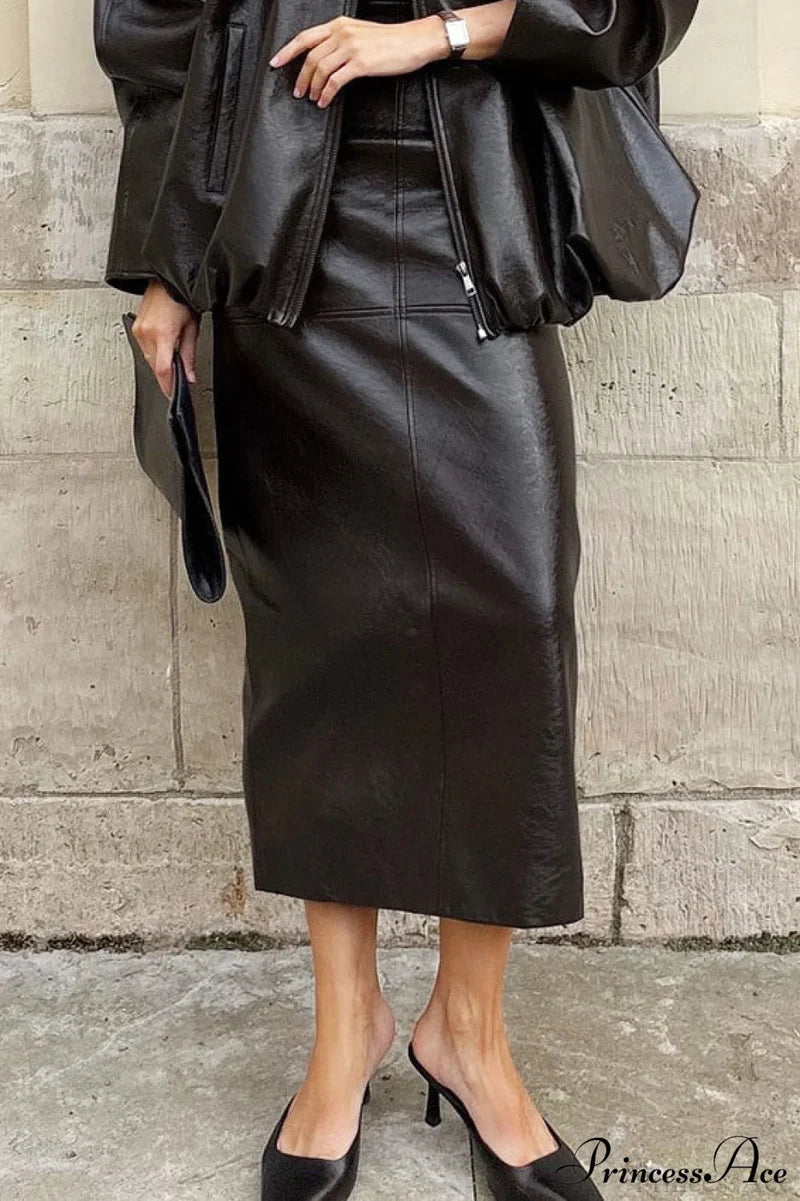 Elegant PU Leather Midi Slit Skirt Black / S