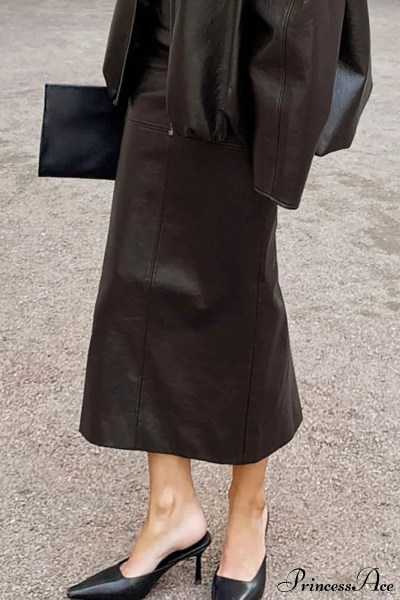 Elegant PU Leather Midi Slit Skirt