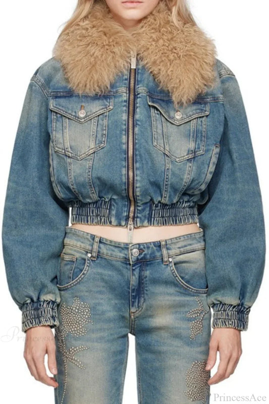 Elegant Zip Short Fur Collar Quilted Denim Jacket Blue / M